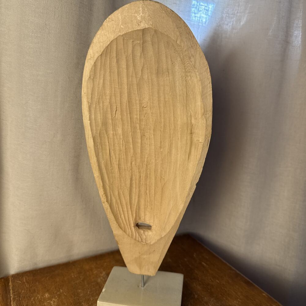 Vtg Hand Carved Wood Mask Head Mask Decor Stone Stand Art Sculpture Statue 14” - Picture 7 of 16